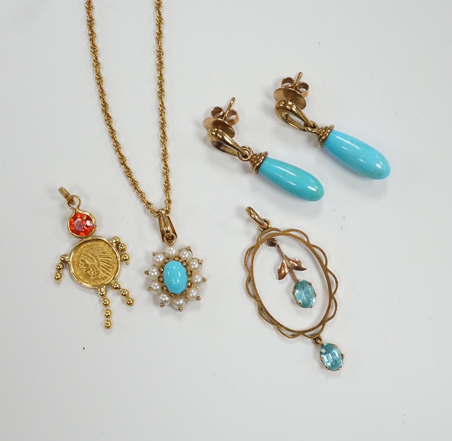 A modern 9ct gold, turquoise and seed pearl cluster set pendant necklace, a pair of 9ct gold and turquoise set drop earrings and two yellow metal pendants, gross weight 9.7 grams.